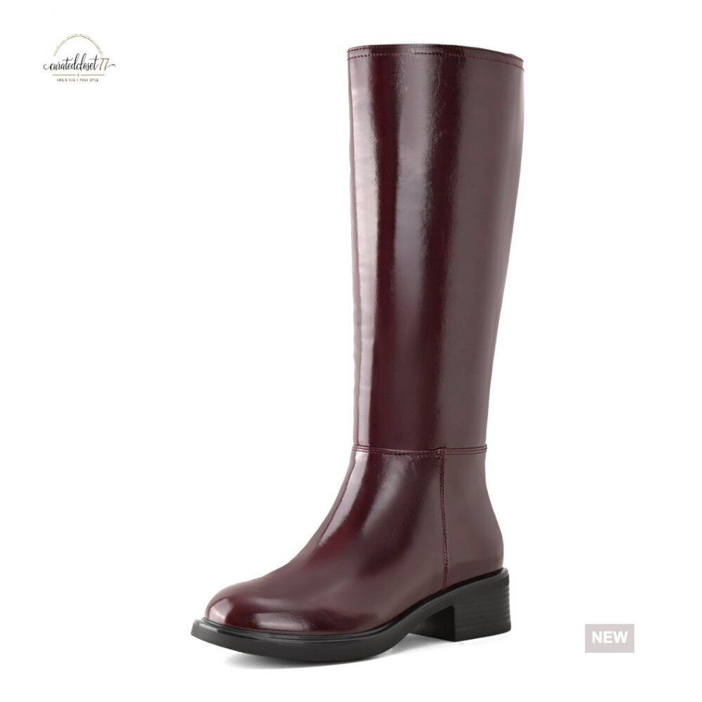 Knee High Boots Chunky Low Heel Round Toe Side Zipper Faux Leather